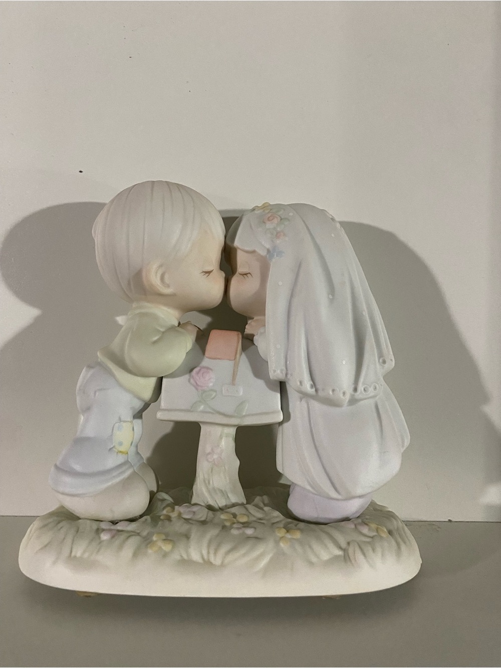 Precious Moments Pastel Bride and Groom Kissing Cake Topper - White & Cream